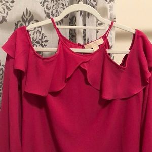 Hot pink cold shoulder ruffle shift party dress.